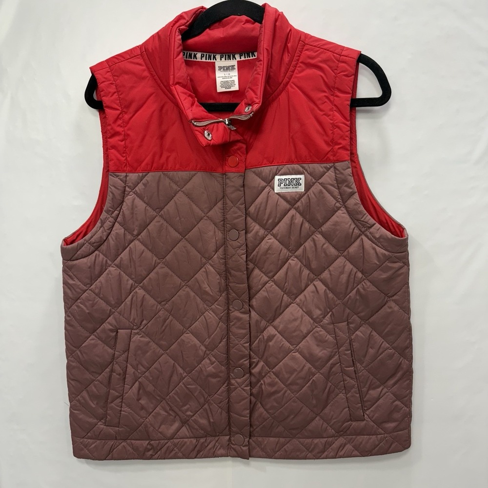 Victoria Secret Pink Vest Quilted Sleeveless Full Zip Snap Puffer Outerwear Larg